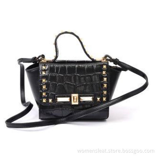 Black Crocodile Embossed Leather Bag / Calf Leather Handbag